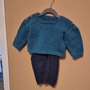 Teal Knit Sweater with Denim Pants Set